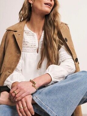 White Lace-Panel Peasant Blouse